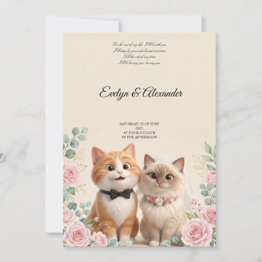 キュートな3D 猫の花嫁と新郎のクリーム色の結婚式 招待状 (正面)