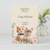 キュートな3D 猫の花嫁と新郎のクリーム色の結婚式 招待状 (スタンド正面)