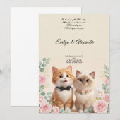 キュートな3D 猫の花嫁と新郎のクリーム色の結婚式 招待状 (正面/裏面)
