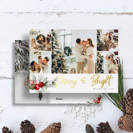 キュートな7枚のフォトコラージュ 手書きのMerry And Bright 箔シーズンカード
