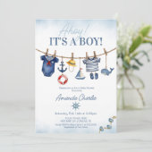 キュートな「Ahoy It's a Boy」ロープ ベビーシャワー 招待状 (スタンド正面)