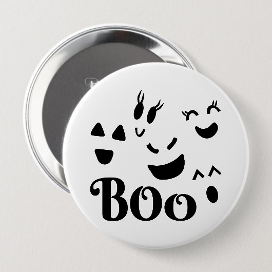 キュートなBOOの黒と白のハロウィーンの幽霊 缶バッジ (正面&裏面)