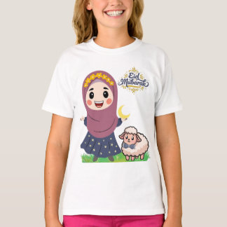 キュートなEid Mubarakの女の子と羊のイスラムTシャツ Tシャツ