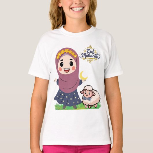 キュートなEid Mubarakの女の子と羊のイスラムTシャツ Tシャツ (正面)