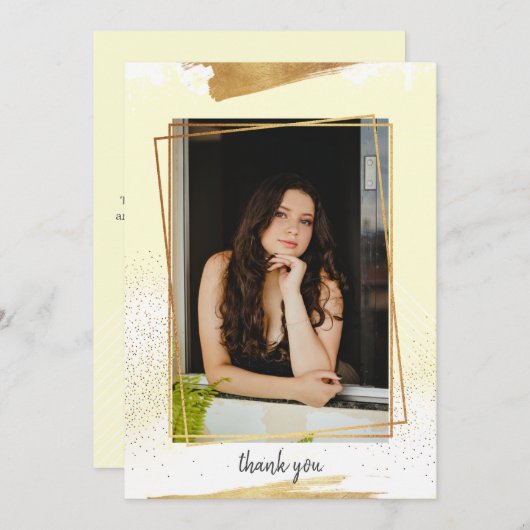 キュートなYelloと金ゴールド額卒業サンキューカード 招待状 (正面/裏面)