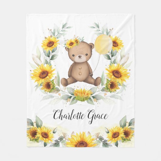キュートひまわりテディベアサマーグリーンリー子供部屋 フリースブランケット (正面)