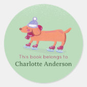 キュートアイススケートで滑るダッシュンドグリーンスクール蔵書票 ラウンドシール (正面)