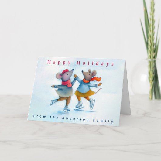 キュートアイススケートで滑るネズミウォーターカラーホリデイ カード (正面)