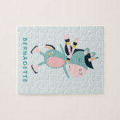 キュートアイススケートで滑るユニコーンティール(緑がかった色)ピンク名前をカスタムする ジグソーパズル (横)