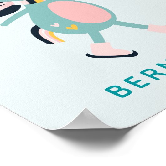 キュートアイススケートで滑るユニコーンティール（緑がかった色）ピンク名前をカスタムする ポスター (角)