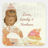 キュートアイズフクロウキツネハットアンドセーター納屋ウッド スクエアシール (正面)