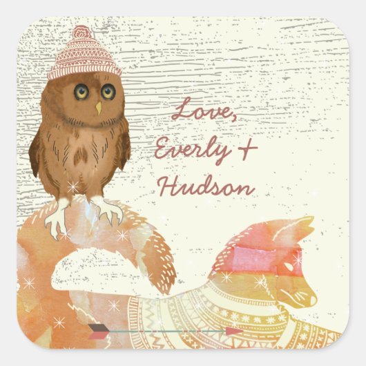 キュートアイズフクロウキツネハットアンドセーター納屋ウッド スクエアシール (正面)