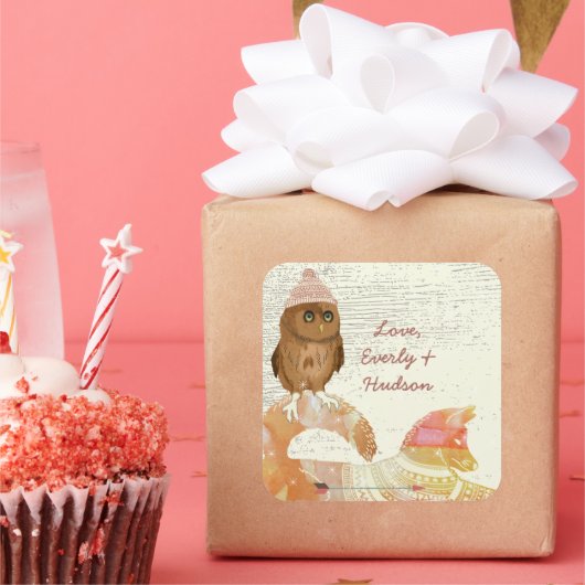 キュートアイズフクロウキツネハットアンドセーター納屋ウッド スクエアシール (パーティー)