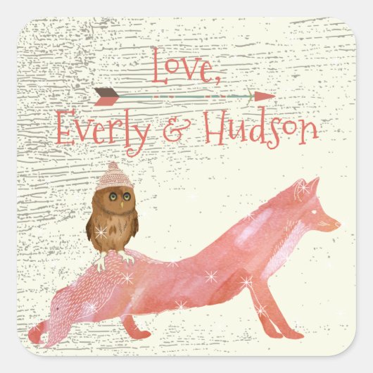 キュートアイズフクロウキツネハットアンドセーター納屋ウッド スクエアシール (正面)