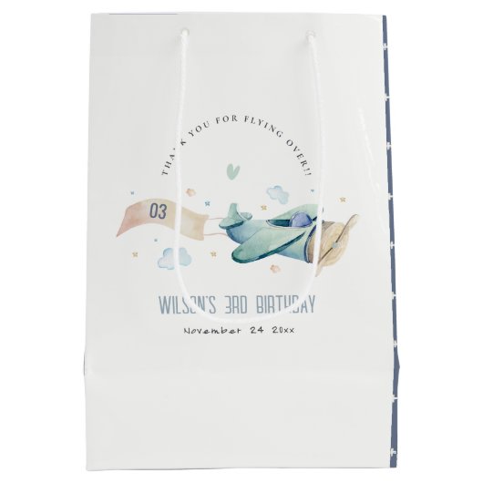 キュートアクアグリーンブルーバイプレーンクラウドハート誕生日 ミディアムペーパーバッグ (裏面)