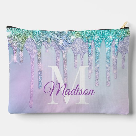 キュートアクアターコイズユニコーングリッタードリップスモノグラム アクセサリーポーチ (裏面)