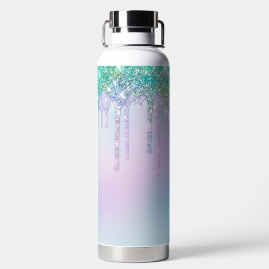 キュートアクアターコイズユニコーングリッタードリップスモノグラム ウォーターボトル (背面)