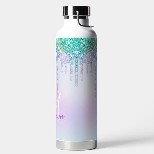 キュートアクアターコイズユニコーングリッタードリップスモノグラム ウォーターボトル (左面)