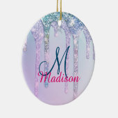 キュートアクアターコイズユニコーングリッタードリップスモノグラム セラミックオーナメント (右)