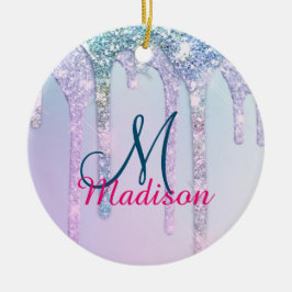 キュートアクアターコイズユニコーングリッタードリップスモノグラム セラミックオーナメント
