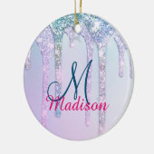 キュートアクアターコイズユニコーングリッタードリップスモノグラム セラミックオーナメント (左)