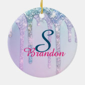 キュートアクアターコイズユニコーングリッタードリップスモノグラム セラミックオーナメント (裏面)