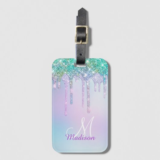 キュートアクアターコイズユニコーングリッタードリップスモノグラム ラゲッジタグ (正面縦)