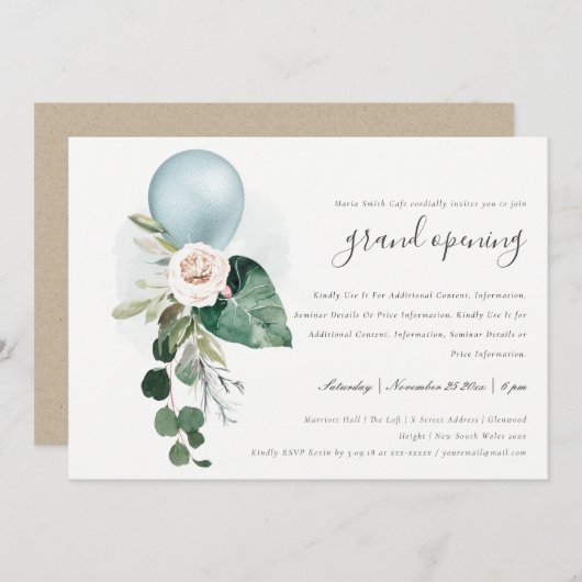 キュートアクアブルーバルーングランドオープニング招待状 サンキューカード (正面/裏面)