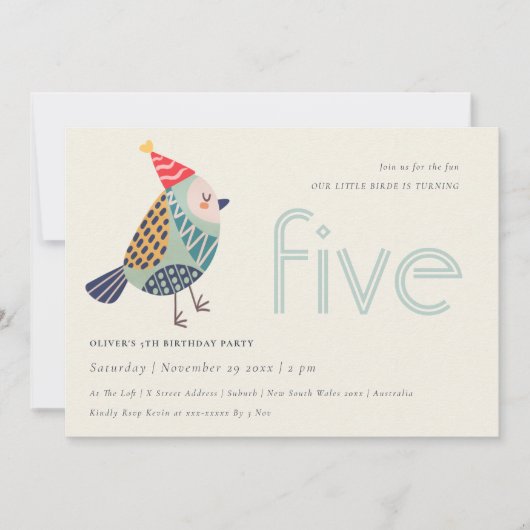 キュートアクアブルーバーディエイジエージ5th誕生日招待状 サンキューカード (正面)