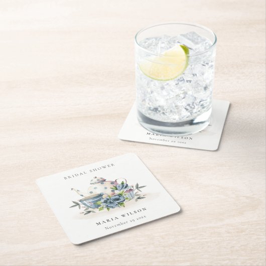 キュートアクアブルーフローラティーポットカップブライダルシャワー スクエアペーパーコースター (インサイチュ)