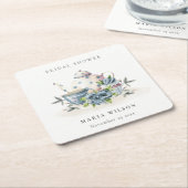 キュートアクアブルーフローラティーポットカップブライダルシャワー スクエアペーパーコースター (アングル)