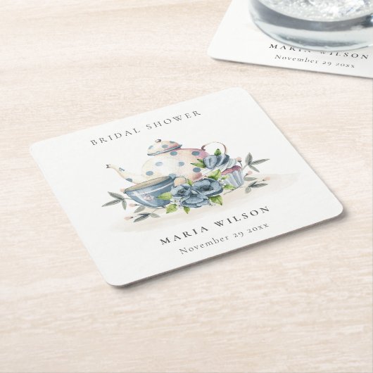 キュートアクアブルーフローラティーポットカップブライダルシャワー スクエアペーパーコースター (アングル)