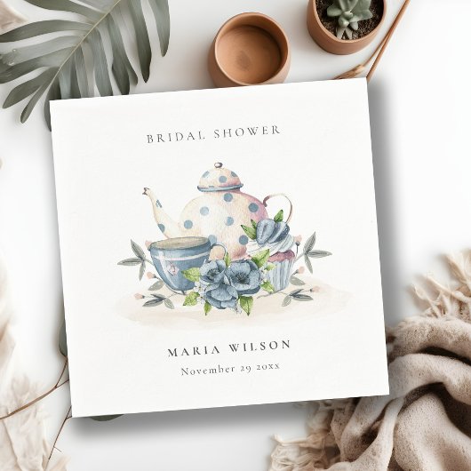 キュートアクアブルーフローラティーポットカップブライダルシャワー スタンダードカクテルナプキン