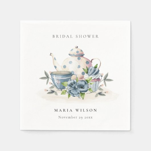キュートアクアブルーフローラティーポットカップブライダルシャワー スタンダードカクテルナプキン (正面)