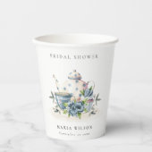 キュートアクアブルーフローラティーポットカップブライダルシャワー 紙コップ (正面)