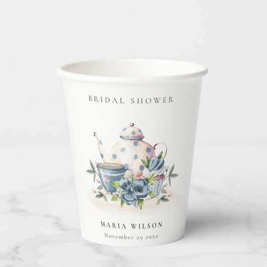 キュートアクアブルーフローラティーポットカップブライダルシャワー 紙コップ (正面)