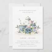 キュートアクアブルーフローラティーポットカップ婚約招待状 サンキューカード (正面)