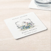 キュートアクアブルーフローラティーポットクレストブライダルシャワー スクエアペーパーコースター (アングル)