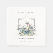 キュートアクアブルーフローラティーポットクレストブライダルシャワー スタンダードカクテルナプキン (正面)