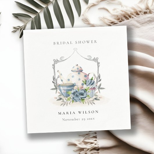 キュートアクアブルーフローラティーポットクレストブライダルシャワー スタンダードカクテルナプキン