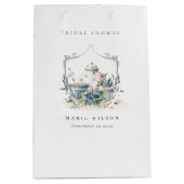 キュートアクアブルーフローラティーポットクレストブライダルシャワー ミディアムペーパーバッグ (正面)