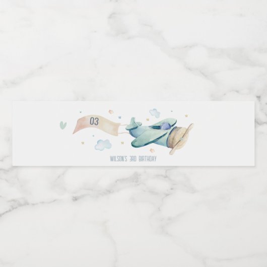 キュートアクアブルー飛行機クラウドハート子供の誕生日 ペットボトルラベル (シングルラベル)