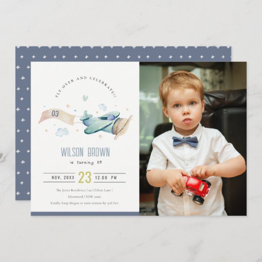 キュートアクア飛行機クラウドハートフォト誕生日招待状 サンキューカード (正面/裏面)