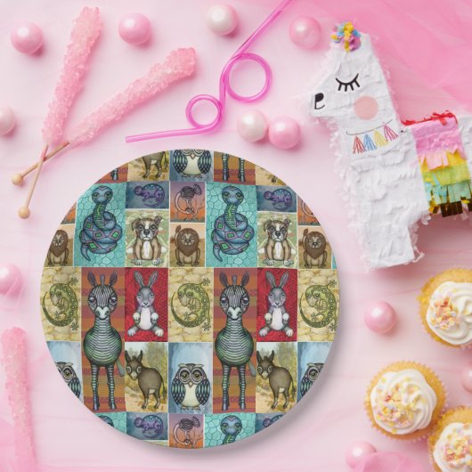 キュートアニマルコラージュフォークアートデザイン ペーパープレート (パーティー)