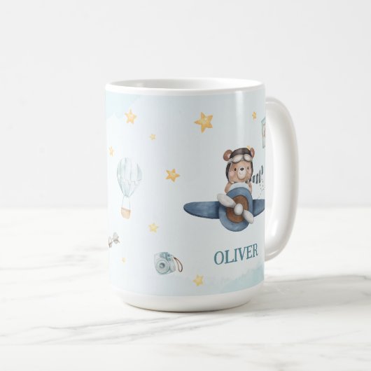 キュートアビエイションベアブルーヴィンテージ飛行機 コーヒーマグカップ (正面右)