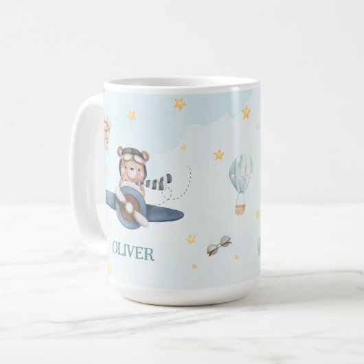 キュートアビエイションベアブルーヴィンテージ飛行機 コーヒーマグカップ (正面左)