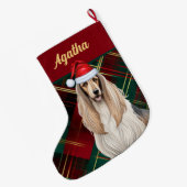 キュートアフガンハウンドドッグホリデープレイドパーソナライズされた ラージクリスマスストッキング (裏面 (吊り時))
