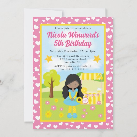 キュートアフリカンアメリカンレモネードガール子供の誕生日 招待状 (正面)