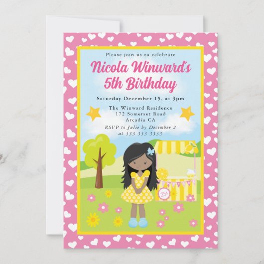 キュートアフリカンアメリカンレモネードガール子供の誕生日 招待状 (正面)