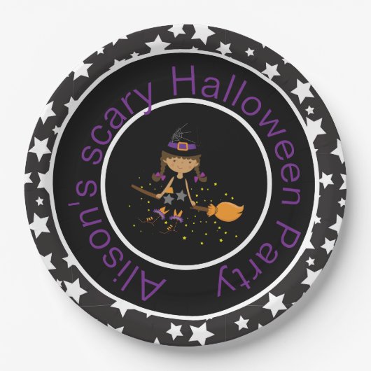 キュートアフリカンアメリカン魔女ハローウィンパーティ ペーパープレート (正面)